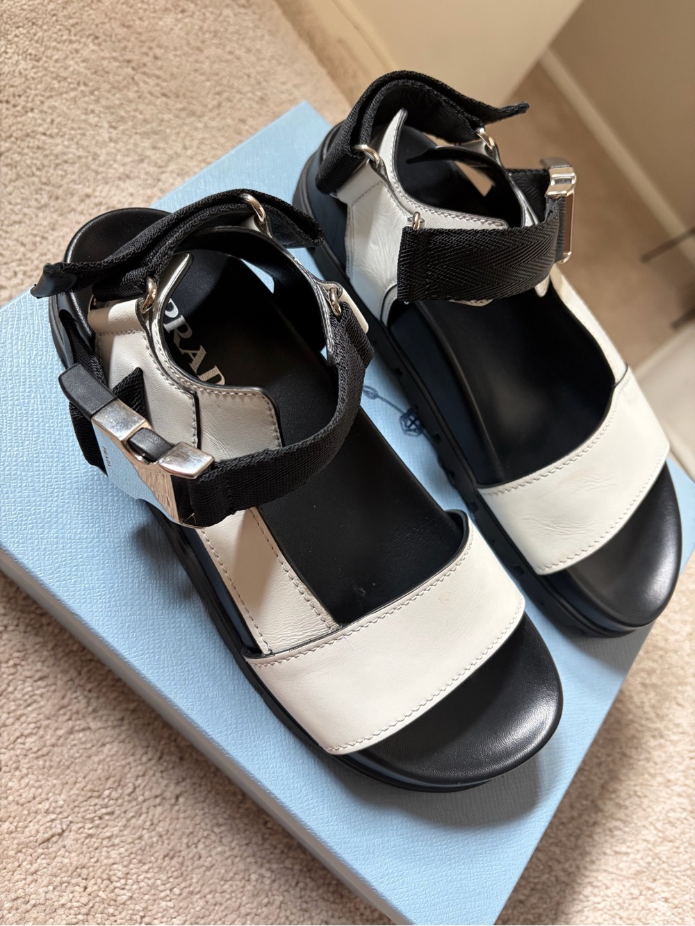 Prada Black and White Platform Sandals with Silver Hardware - Picture 4 of 16